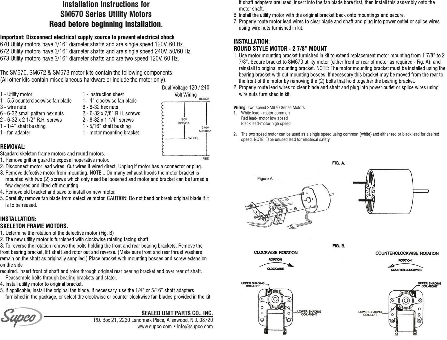 SUPCO BLOWER MOTOR UTILITY 3000 CW/CCW 120V KIT UNIVERSAL FREE SHIPPING sm670
