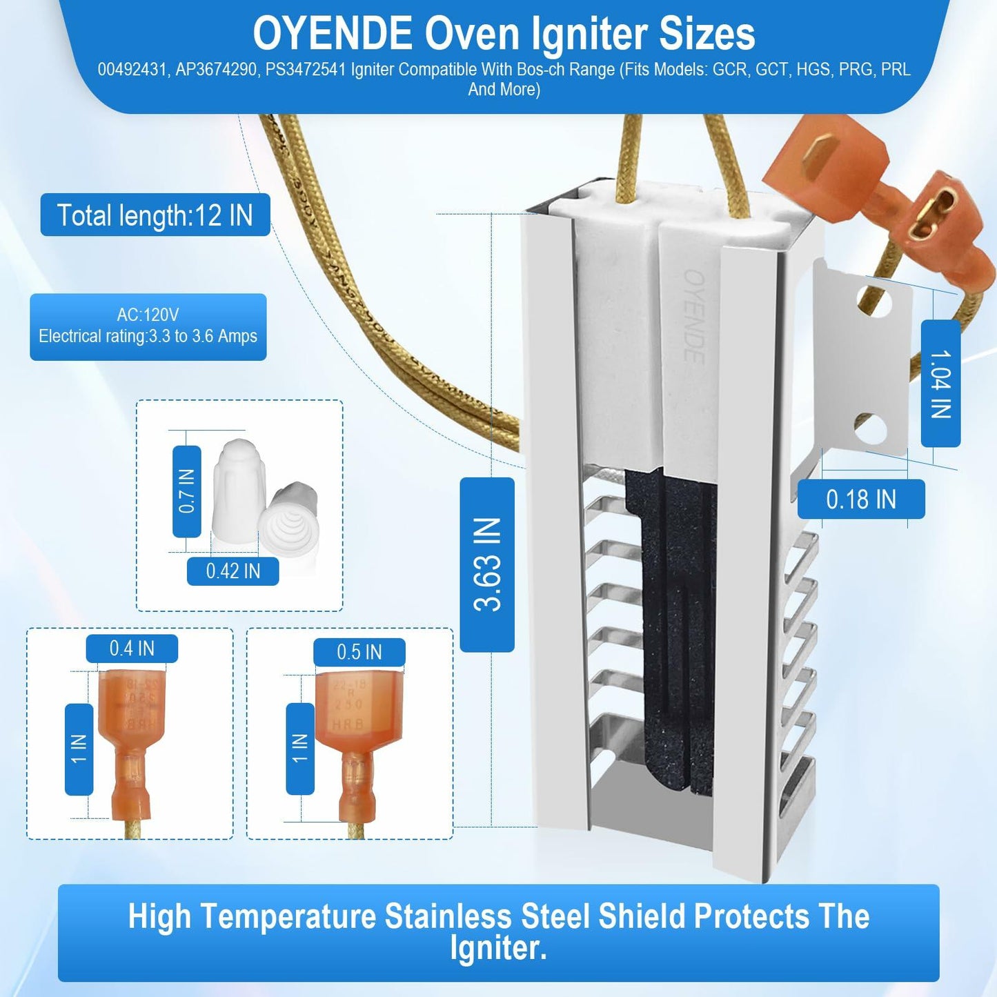 SGR2431 Oven Igniter, 00492431 00487383 Gas Range Igniter Replacement Model Specific Replaces AP3674290, 1107469, 20-01-500, 492431, 610098, 3472541, EA3472541, PS3472541, PS8722793 Etc.
