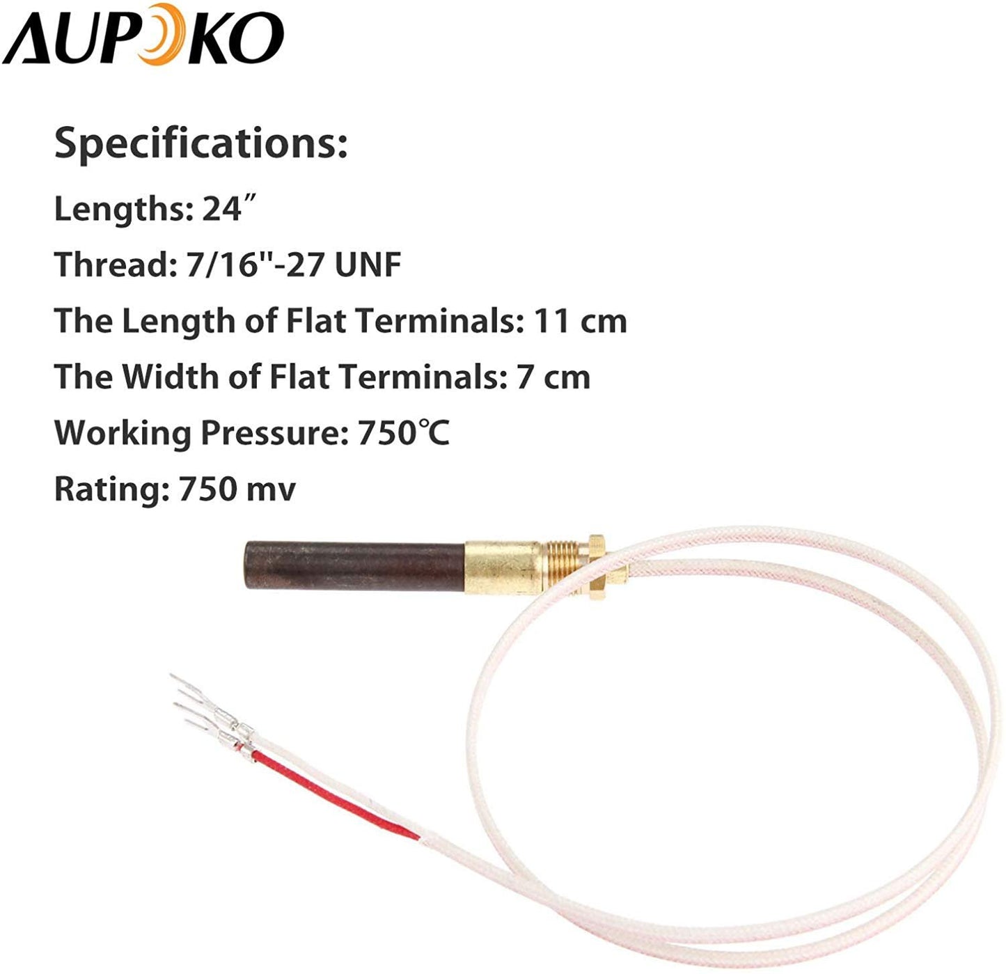 Aupoko 24" Fireplace Millivolt Thermopile, with 750℃ Temperature Resistance, Fit for Gas Fireplace/Water Heater/Gas Fryer Cluster