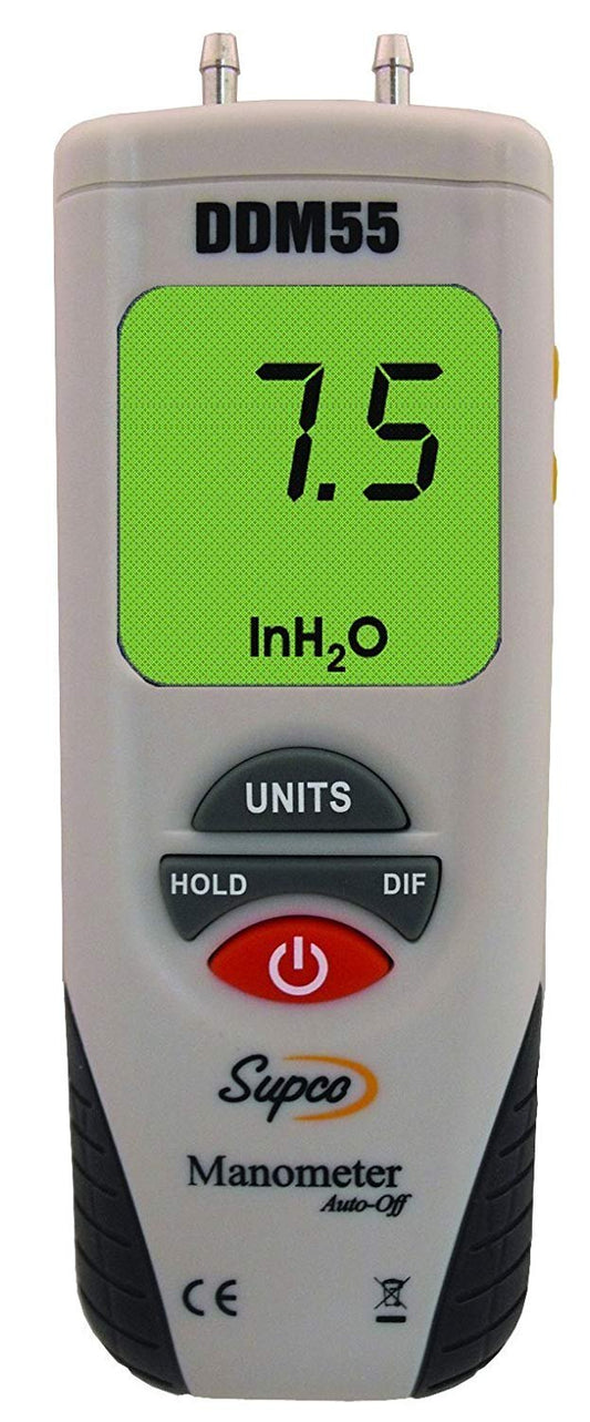 Supco DDM55 Dual Input Digital Differential Manometer with LCD Display, -55 to 55" H20 Measuring Range, 0.01" Resolution, Battery Operated