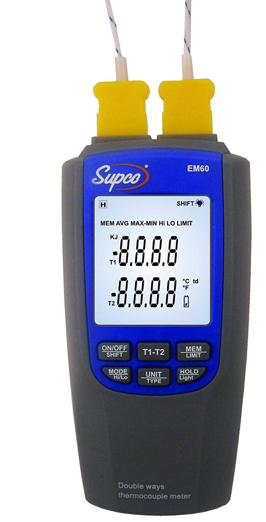 Supco EM60 Dual-Channel Differential Digital Thermocouple Thermometer with Probes, -200 to 1300 Degrees C, -328 to 2372 Degrees F, Accuracy of + or - 0.1% of reading + 0.7 Degree C